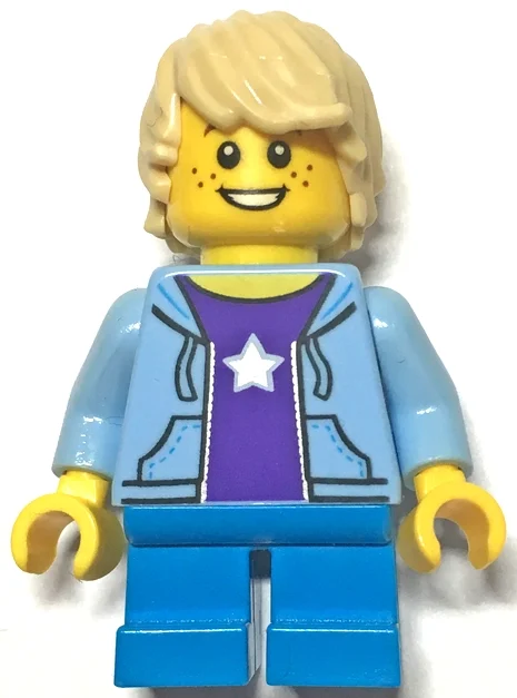 Garçon, ouvert sweat à capuche bleu clair sur la chemise violet foncé avec étoile, courtes jambes bleues, cheveux beiges (Boy, Open Bright Light Blue Hoodie over Dark Purple Shirt with Star, Short Blue Legs, Tan Hair)