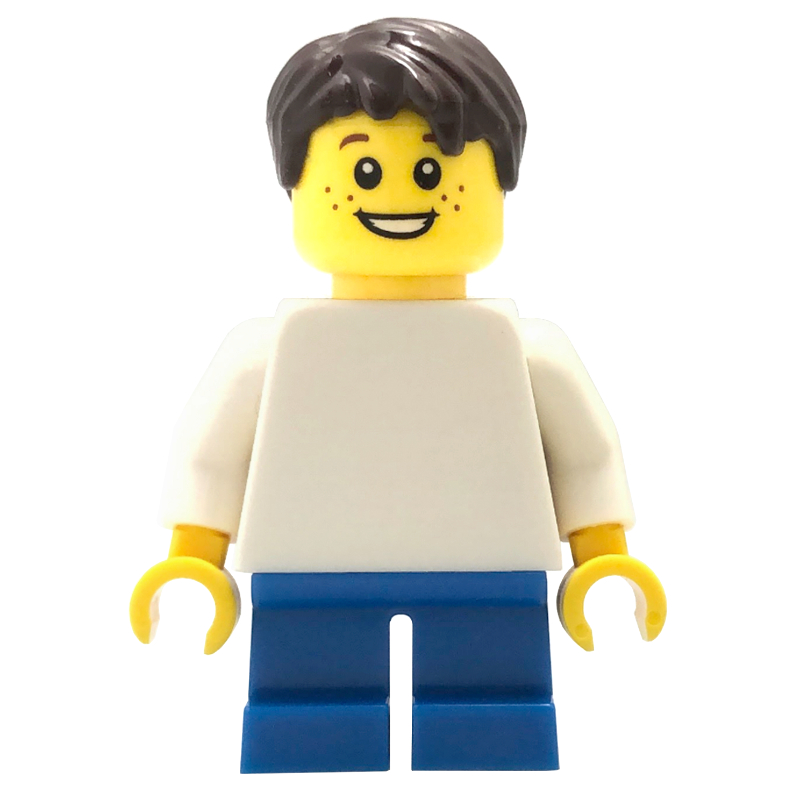 Garçon, torse blanc uni, courtes jambes bleues, cheveux brun foncé (Boy, Plain White Torso, Short Blue Legs, Dark Brown Hair)