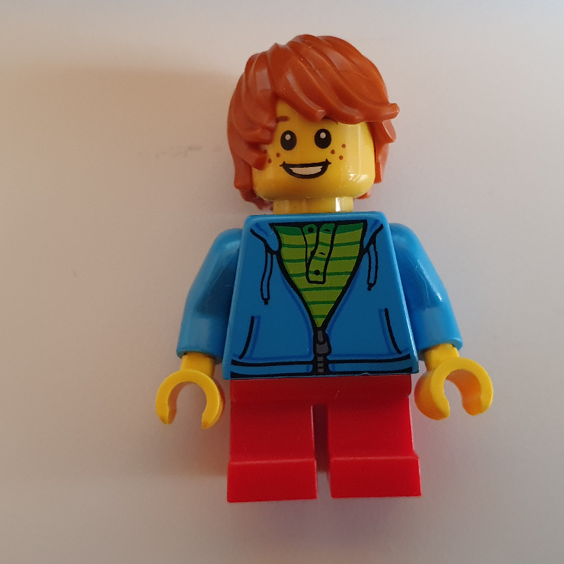 Garçon, ouvert sweat à capuche bleu azur avec fermeture éclair, courtes jambes rouges, cheveux orange foncé (Boy, Open Dark Azure Hoodie with Zipper, Short Red Legs, Dark Orange Hair)