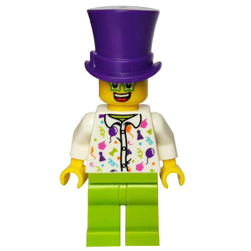 Homme, chemise blanche avec ballons, chapeaux de fête et banderoles, jambes de vert citron, chapeau haut violet foncé, lunettes étoiles (Man, White Shirt with Balloons, Party Hats, and Streamers, Lime Legs, Dark Purple Top Hat, Star Glasses)