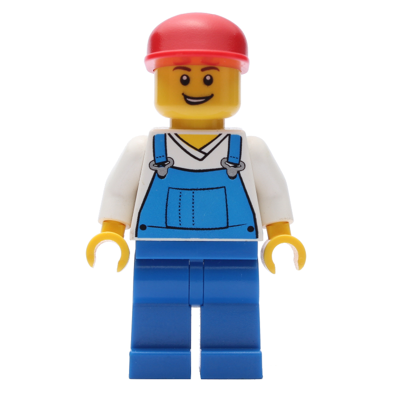 Homme, salopette bleue sur chemise blanche à col en V, casquette rouge, bouche ouverte (Man, Blue Overalls over White V-Neck Shirt, Red Cap, Open Mouth)