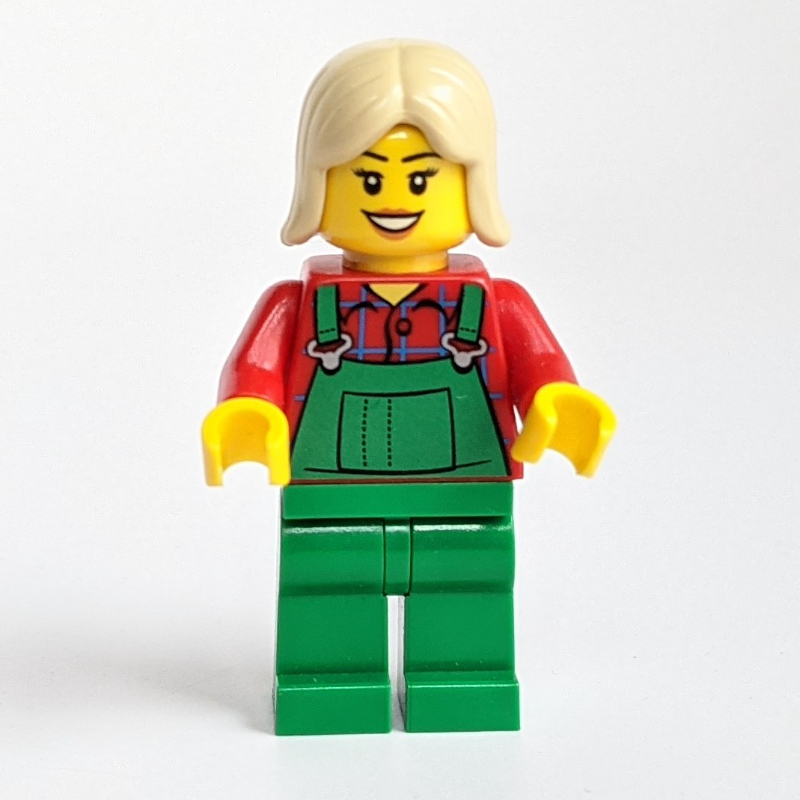 Femme, salopette verte sur chemise payée rouge, cheveux beige (Woman, Green Overalls over Red Paid Shirt, Tan Hair)
