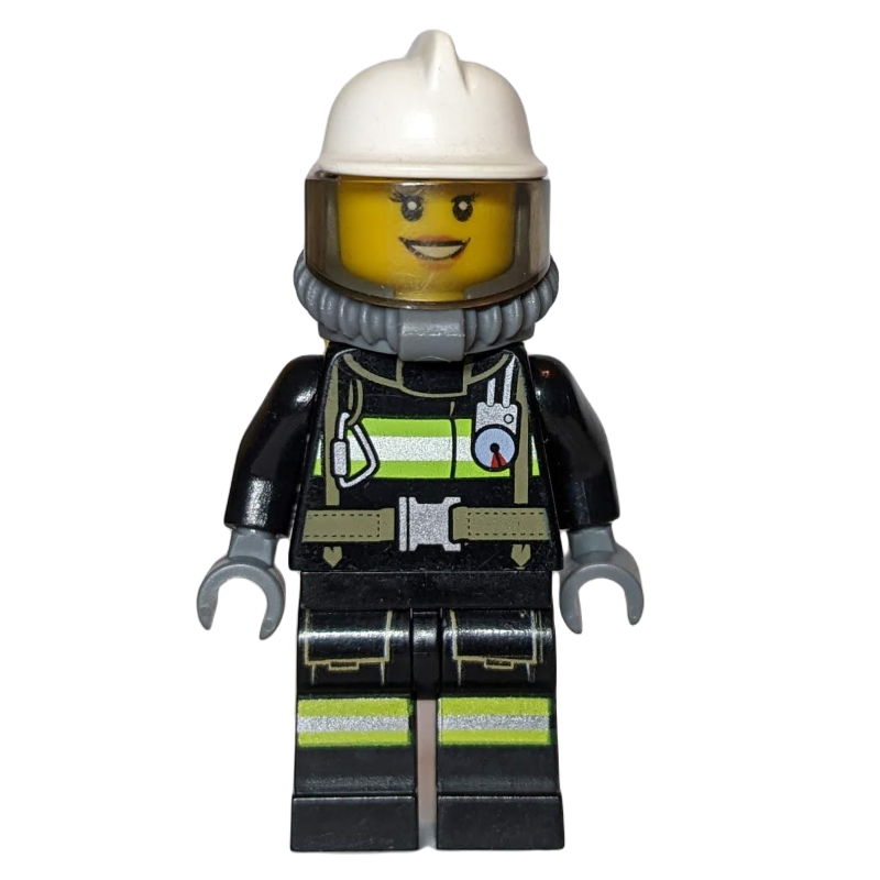 Pompier, femelle, costume de feu noir avec jauge et sangles, casque blanc, appareil respiratoire, bouteilles d’air (3626cpr0893 tête) (Firefighter, Female, Black Fire Suit with Gauge and Straps, White Helmet, Breathing Apparatus, Airtanks (3626cpr0893 Head))
