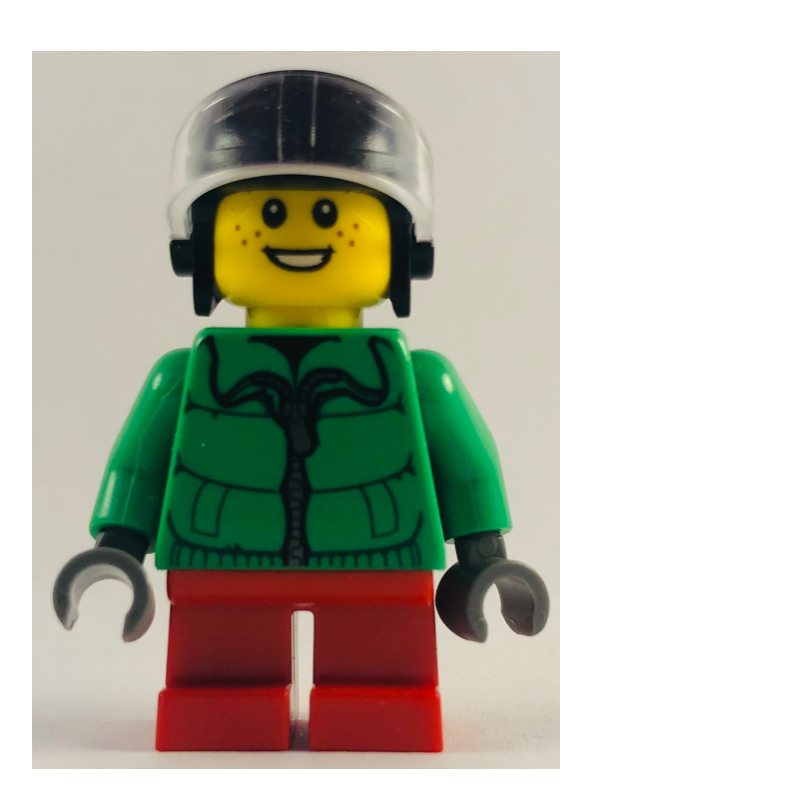 Garçon, veste verte, jambes courtes rouges, casque noir avec visière (Boy, Green Jacket, Short Red Legs, Black Helmet with Visor)