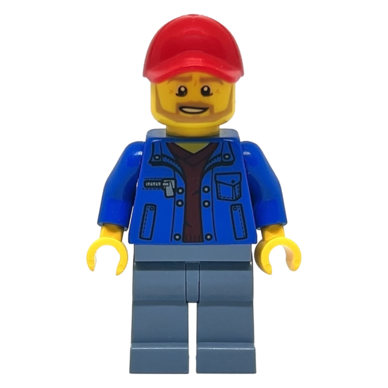 Veste bleue, jambes vert sable, barbe, casquette rouge (Blue Jacket, Sand Green Legs, Beard, Red Cap)