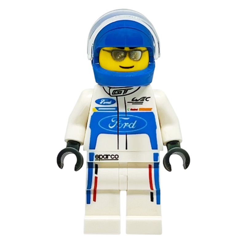 Pilote de course, torse blanc, jambes blanches, casque bleu, gué (Race Driver, White Torso, White Legs, Blue Helmet, Ford)