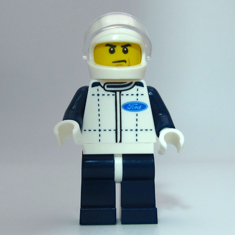 Pilote de course, torse blanc, jambes bleu foncé, casque blanc, gué (Race Driver, White Torso, Dark Blue Legs, White Helmet, Ford)