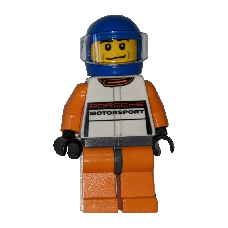Pilote de course, torse blanc, jambes orange, casque bleu, porsche (Race Driver, White Torso, Orange Legs, Blue Helmet, Porsche)