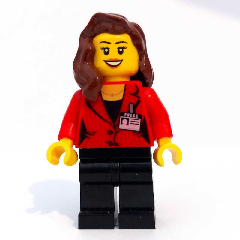 Femme, veste rouge, jambes noires, cheveux longs brun rougeâtre (Woman, Red Jacket, Black Legs, Reddish Brown Long Hair)