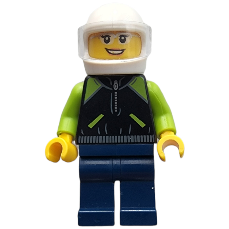 Pilote de course, torse noir, jambes bleu foncé, casque blanc, porsche (Race Driver, Black Torso, Dark Blue Legs, White Helmet, Porsche)