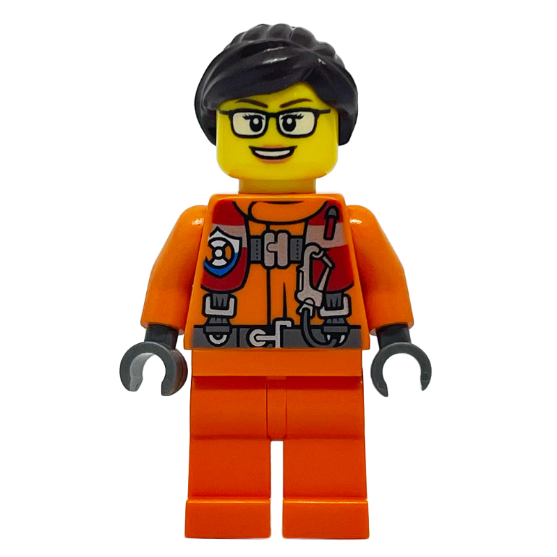 Garde-côte, femme, combinaison orange, cheveux brun rougeâtre, lunettes (Coast Guard, Woman, Orange Jumpsuit, Reddish Brown Hair, Glasses)