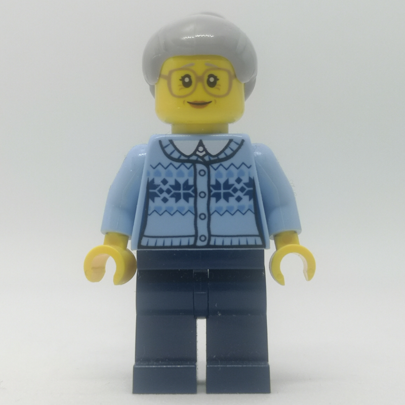 Femme, cardigan bleu clair vif, jambes bleu foncé, cheveux bleu grisâtre clair (Woman, Bright Light Blue Cardigan, Dark Blue Legs, Light Grayish Blue Hair)