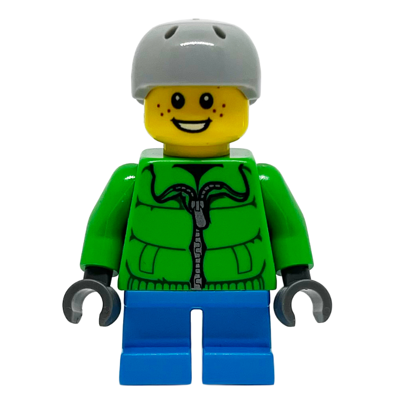 Garçon, veste verte, courtes jambes d'azur foncé, casque gris bleuté clair (Boy, Green Jacket, Short Dark Azure Legs, Light Bluish Gray Helmet)