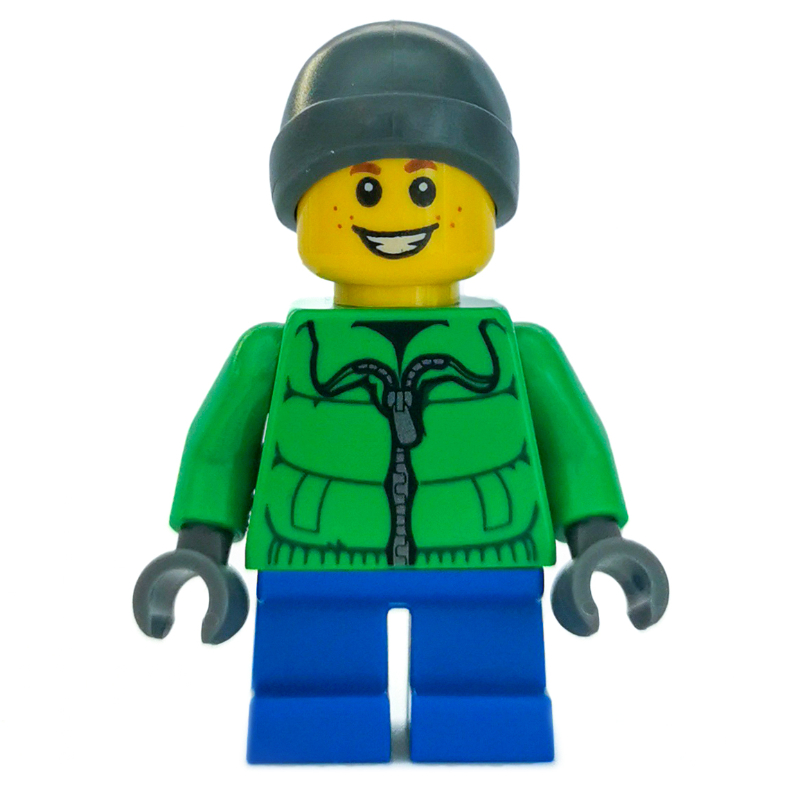 Garçon, veste verte, courtes jambes bleu foncé, chapeau de bonnet gris bleuté foncé (Boy, Green Jacket, Short Dark Blue Legs, Dark Bluish Gray Beanie Hat)