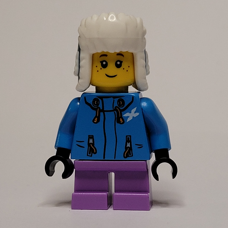 Fille, veste de ski bleu azur foncé, courtes jambes de lavande moyenne, chapeau bleu azur ushanka (Girl, Dark Azure Ski Jacket, Short Medium Lavender Legs, Dark Azure Ushanka Hat)