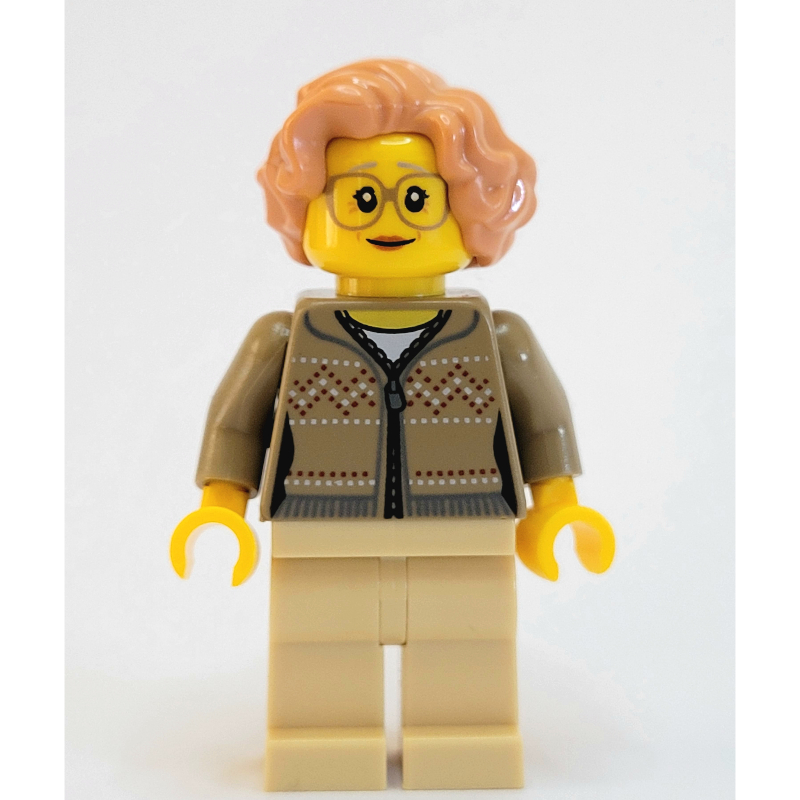 Femme, cardigan beige foncé avec fermeture éclair, jambes beiges, cheveux nougat, lunettes (Woman, Dark Tan Cardigan with Zipper, Tan Legs, Nougat Hair, Glasses)
