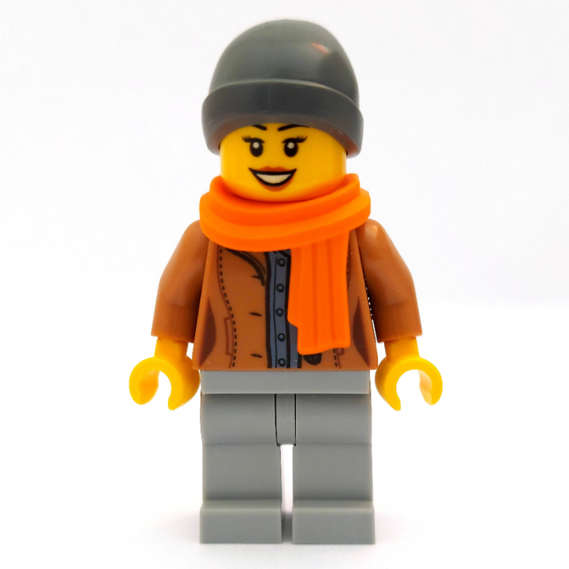 Femme, veste nougat moyenne ouverte, jambes gris bleuté clair, chapeau bonnet gris bleuté foncé, écharpe orange (Woman, Open Medium Nougat Jacket, Light Bluish Gray Legs, Dark Bluish Gray Beanie Hat, Orange Scarf)