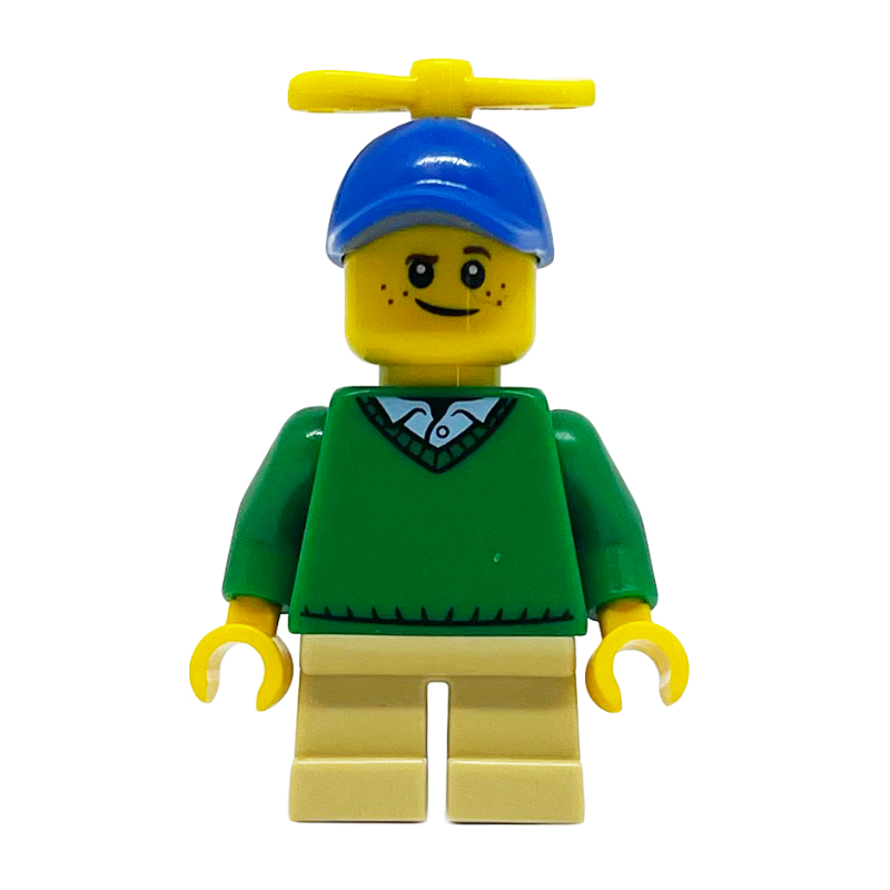 Garçon, pull vert, jambes beige courtes, casquette bleue avec hélice (Boy, Green Sweater, Short Tan Legs, Blue Cap with Propeller)