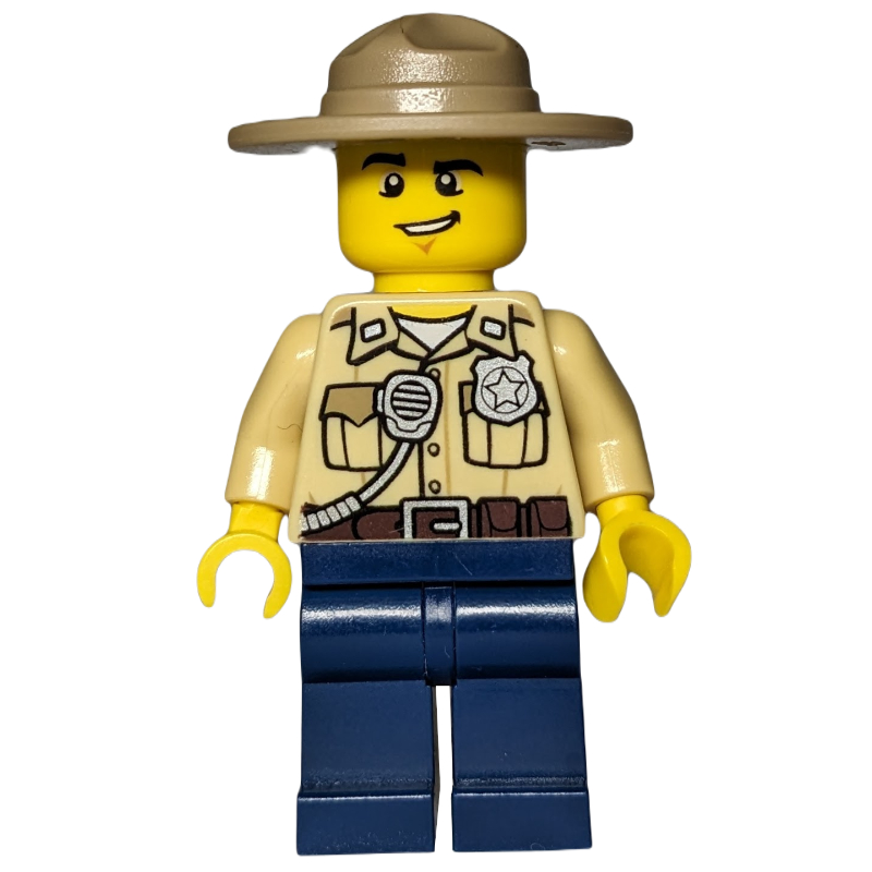 Police des marais / ranger, chemise beige avec badge et radio, chapeau de campagne beige foncé, jambes bleu foncé (Swamp Police / Ranger, Tan Shirt with Badge and Radio, Dark Tan Campaign Hat, Dark Blue Legs)