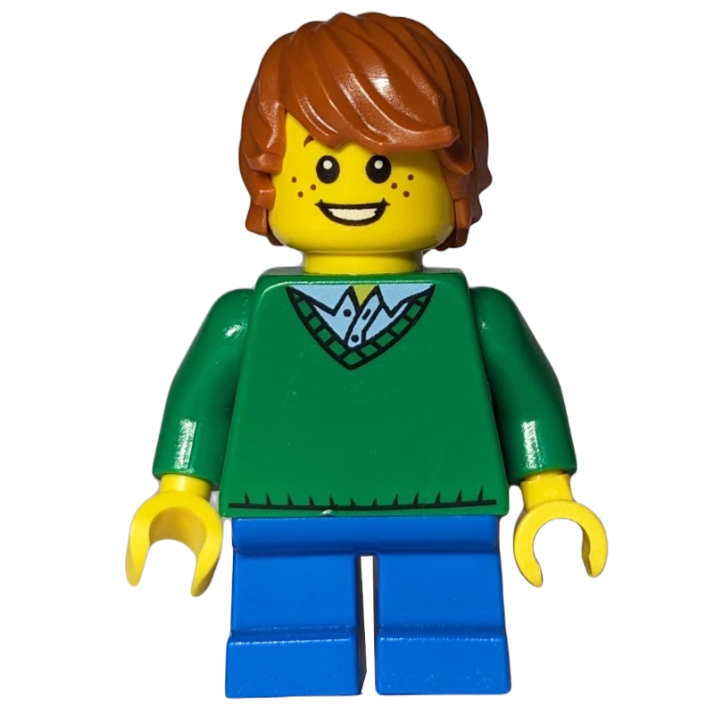Garçon, pull vert, courtes jambes bleues, cheveux orange foncé (Boy, Green Sweater, Short Blue Legs, Dark Orange Hair)