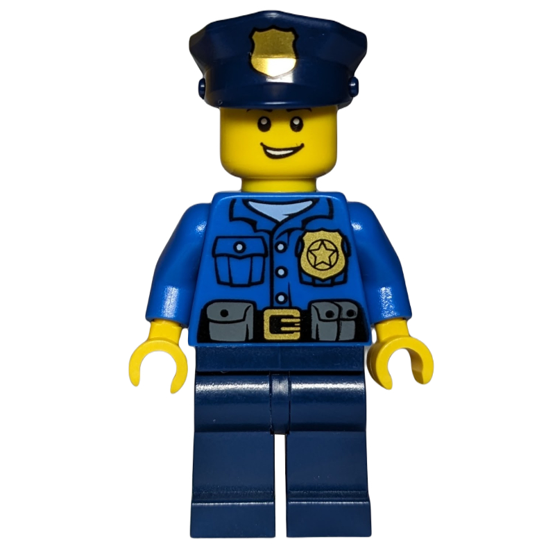 Policier, chemise bleue avec badge et pochettes, jambes bleu foncé, chapeau de police bleu foncé avec badge, bouche ouverte (Policeman, Blue Shirt with Badge and Pouches, Dark Blue Legs, Dark Blue Police Hat with Badge, Open Mouth)