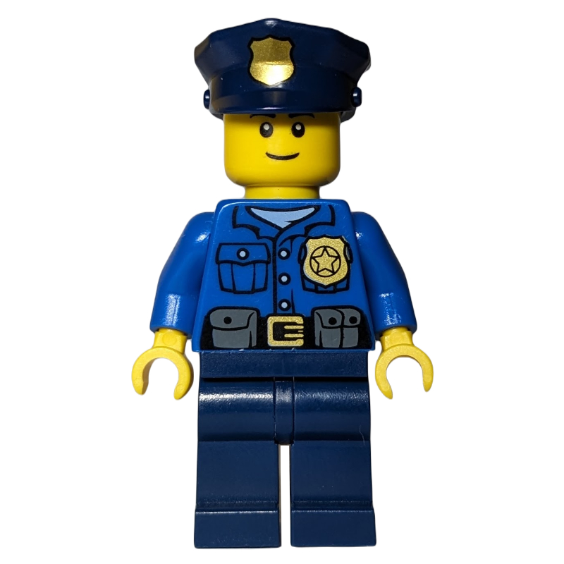 Policier, chemise bleue avec badge et pochettes, jambes bleu foncé, chapeau de police bleu foncé avec badge (Policeman, Blue Shirt with Badge and Pouches, Dark Blue Legs, Dark Blue Police Hat with Badge)