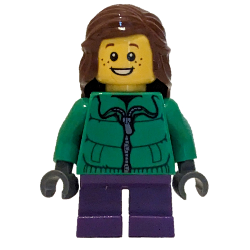 Fille, veste verte, courtes jambes violet foncé (Girl, Green Jacket, Short Dark Purple Legs)