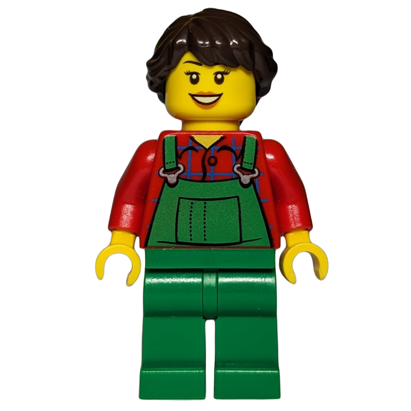 Femme, salopette verte sur chemise payée rouge, cheveux brun foncé (Woman, Green Overalls over Red Paid Shirt, Dark Brown Hair)