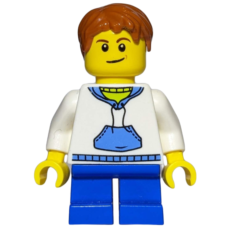 Garçon, sweat à capuche blanc et bleu, courtes jambes bleues, cheveux orange foncé, 3626cpr1579 cheveux (Boy, White and Blue Hoodie, Short Blue Legs, Dark Orange Hair, 3626cpr1579 Hair)