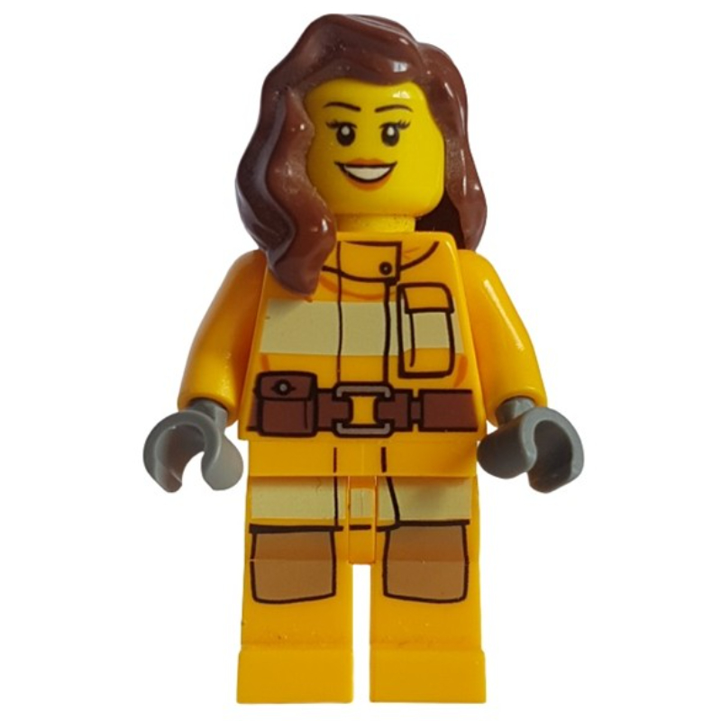 Pompière, tenue de pompier orange clair vif, cheveux brun rougeâtre (Firewoman, Bright Light Orange Fire Suit, Reddish Brown Hair)