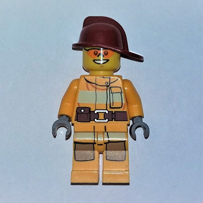 Pompier, tenue de pompier orange clair vif, casque rouge foncé, lunettes de soleil orange (Fireman, Bright Light Orange Fire Suit, Dark Red Helmet, Orange Sunglasses)