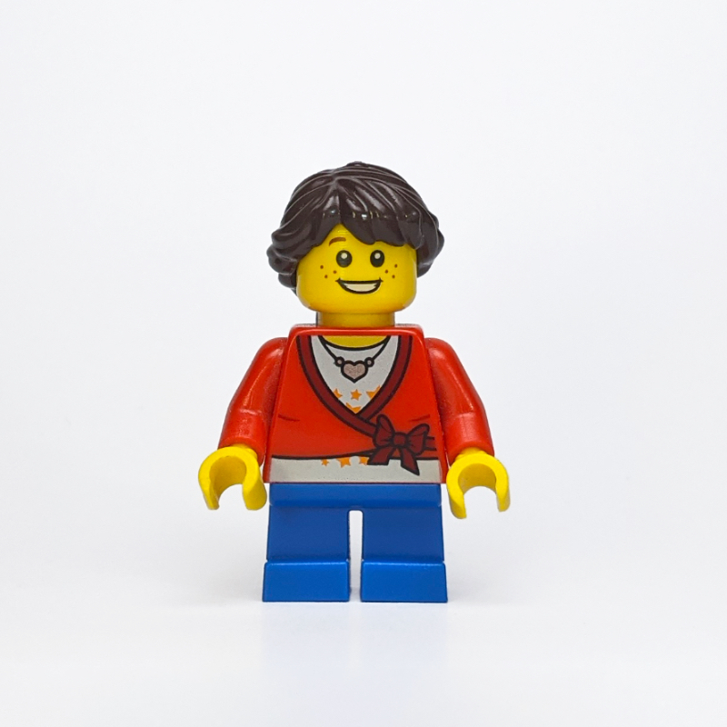 Fille, cardigan noué avec arc, collier, courtes jambes bleues, cheveux brun foncé (Girl, Cardigan Tied with Bow, Necklace, Short Blue Legs, Dark Brown Hair)