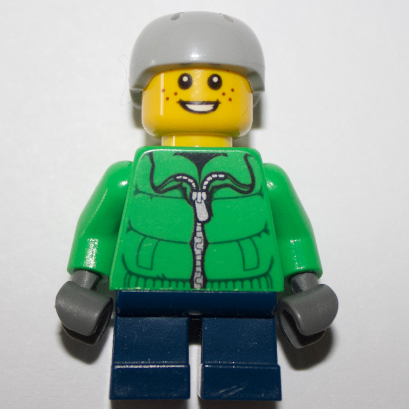 Garçon, veste verte, courtes jambes bleu foncé, casque gris bleuté clair (Boy, Green Jacket, Short Dark Blue Legs, Light Bluish Gray Helmet)