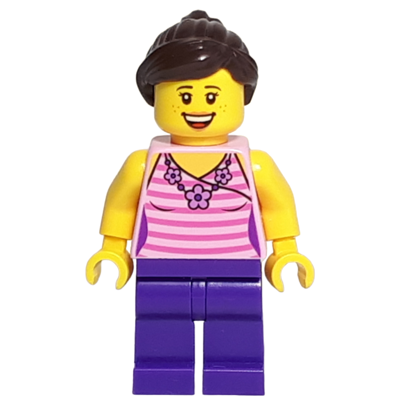 Torse jaune, jambes violet foncé, cheveux brun foncé (Yellow Torso, Dark Purple Legs, Dark Brown Hair)