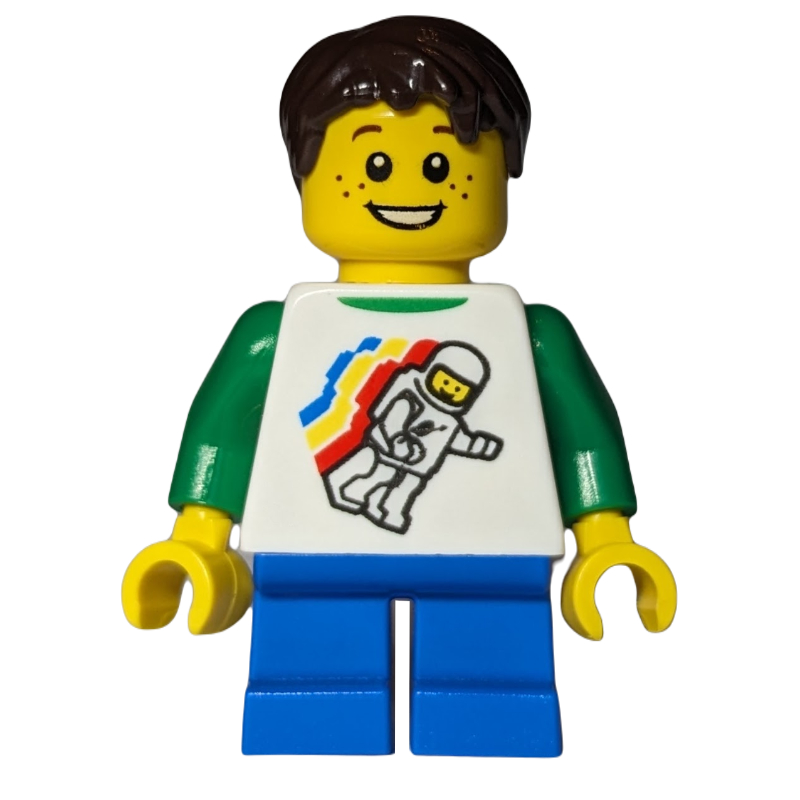 Enfant - torse blanc, figurine de l'espace classique, jambes azur foncé, cheveux brun foncé (Kid - White Torso, Classic Space Figure, Dark Azure Legs, Dark Brown Hair)