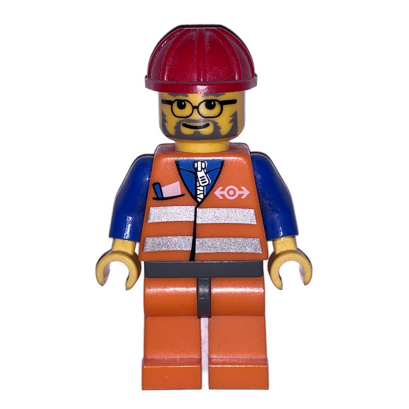 Ouvrier de train, gilet de sécurité orange avec logo de train, jambes orange, casque de chantier rouge, lunettes et barbe (Train Worker, Orange Safety Vest with Train Logo, Orange Legs, Red Hard Hat, Glasses and Beard)