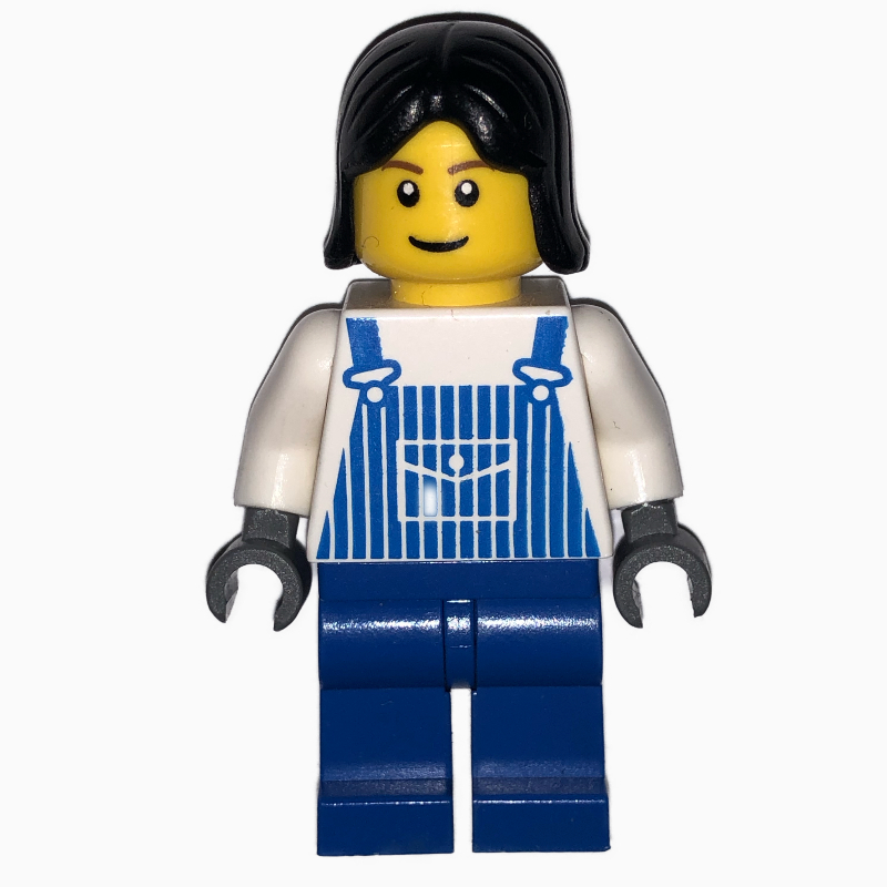 Femme, salopette rayée bleue et blanche, cheveux noirs (Woman, Blue and White Striped Overalls, Black Hair)