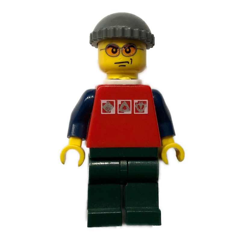Homme, chemise rouge avec bras bleu foncé, chapeau gris bleuté foncé, lunettes de soleil orange (Man, Red Shirt with Dark Blue Arms, Dark Bluish Gray Hat, Orange Sunglasses)
