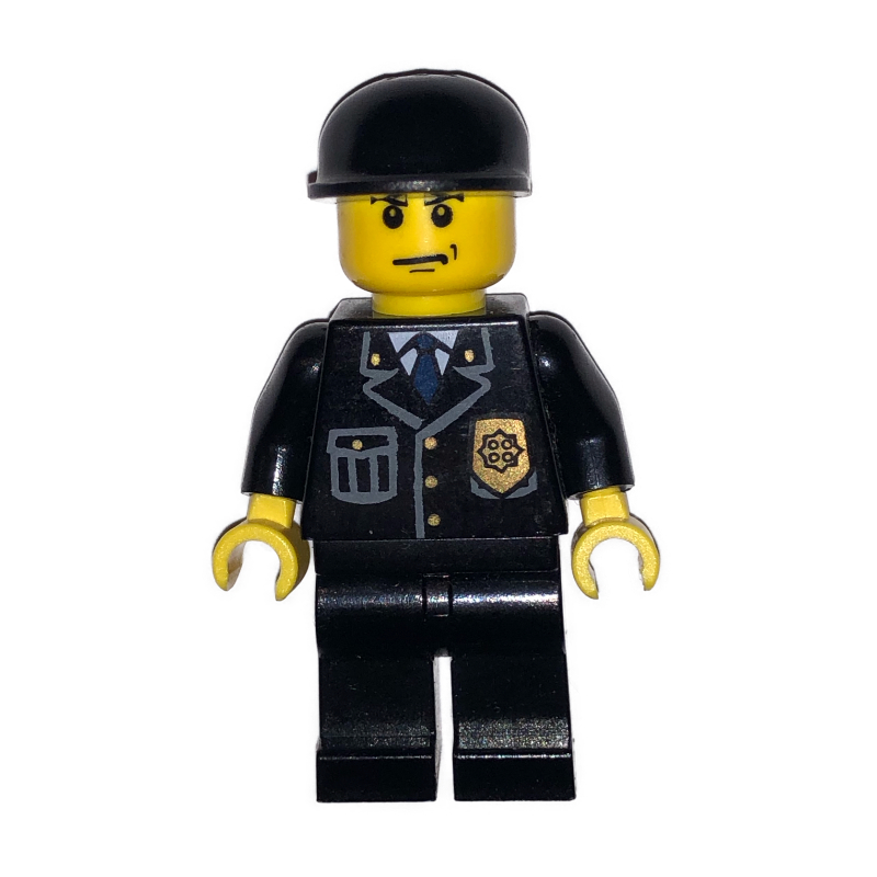 Policier, veste noire avec poche et badge, casquette noire (Policeman, Black Jacket with Pocket and Badge, Black Cap)