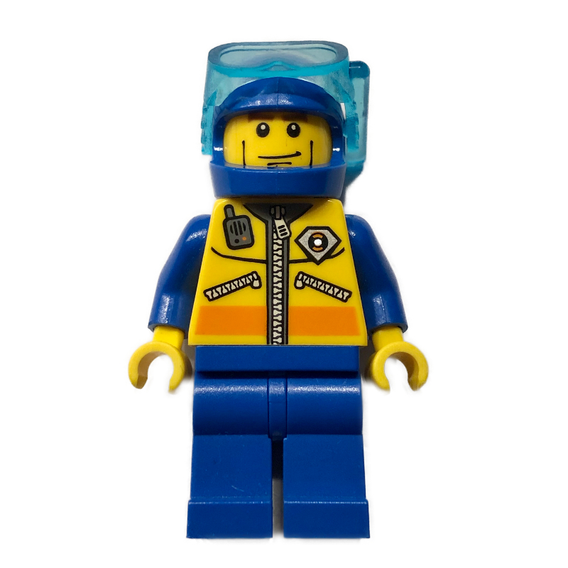 Plongeur de la garde côtière, veste jaune avec fermeture à glissière, radio et badge, casque bleu avec masque (Coast Guard Diver, Yellow Jacket with Zipper, Radio, and Badge, Blue Helmet with Mask)