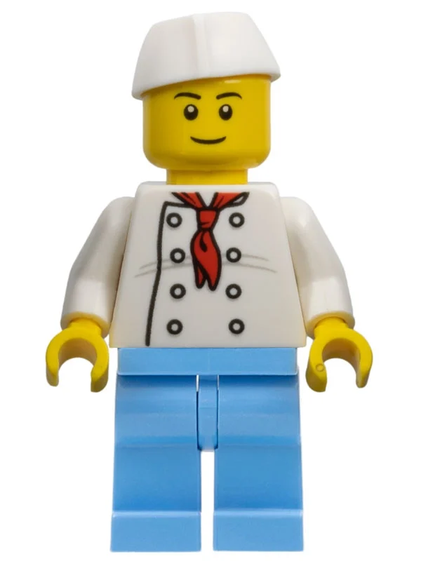 Cuisinier, foulard rouge, jambes bleues, chapeau de boucher (Chef, Red Neckerchief, Blue Legs, Butchers Hat)