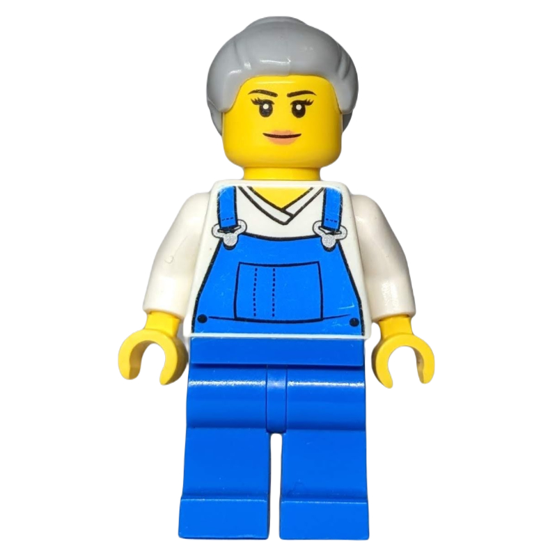 Femme, salopette bleue sur chemise blanche à col en V, cheveux gris bleuté clair (Woman, Blue Overalls over White V-Neck Shirt, Light Bluish Gray Hair)