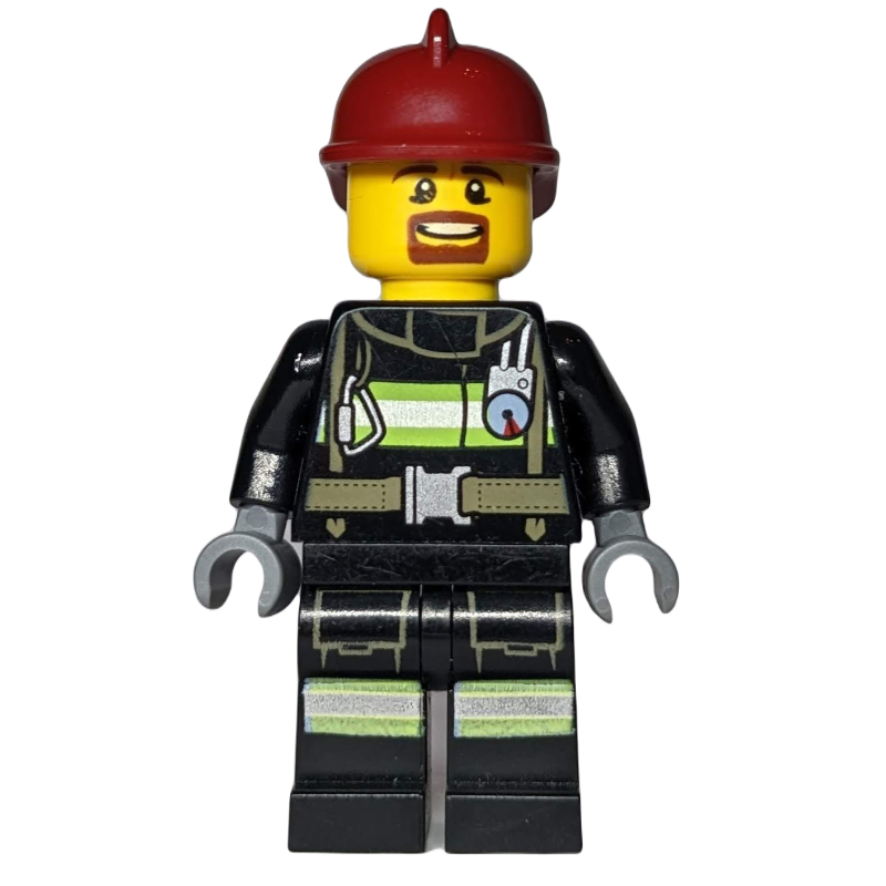 Pompier, veste de feu noir avec sangles et jauge, casque rouge foncé, bouc (Firefighter, Black Fire Jacket with Straps and Gauge, Dark Red Helmet, Goatee Beard)