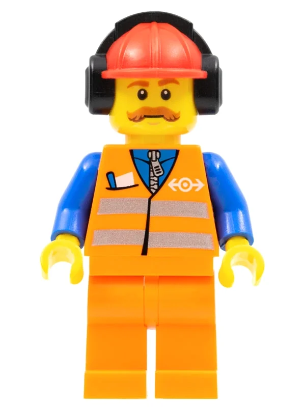 Ouvrier de train, gilet de sécurité orange avec logo de train, jambes orange, casque de chantier rouge avec protecteurs d'oreille, moustache (Train Worker, Orange Safety Vest with Train Logo, Orange Legs, Red Hard Hat with Ear Defenders, Moustache)