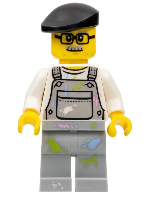 Homme, salopette gris bleuté clair avec taches de peinture, béret noir, lunettes et moustache (Man, Light Bluish Gray Overalls with Paint Stains, Black Beret, Glasses and Moustache)