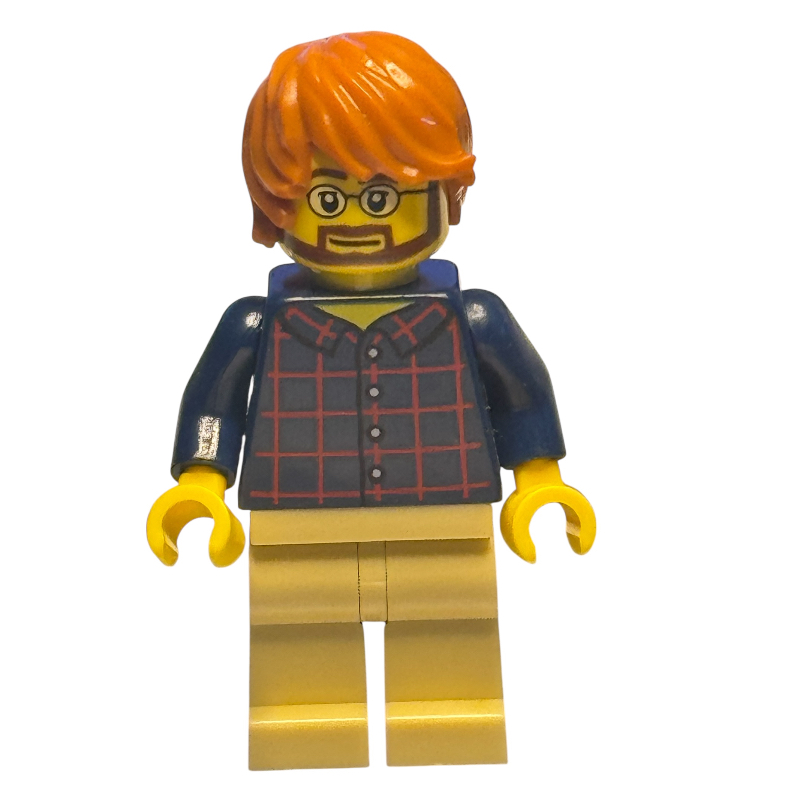 Homme, chemise à carreaux bleu foncé, jambes beiges, cheveux orange foncé, lunettes et barbe (Man, Dark Blue Plaid Shirt, Tan Legs, Dark Orange Hair, Glasses and Beard)
