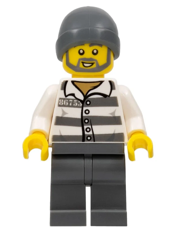 Bandit, chemise de prison avec #86753, jambes gris bleuté foncé, chapeau de bonnet gris bleuté foncé, barbe (Criminal, Prison Shirt with #86753, Dark Bluish Gray Legs, Dark Bluish Gray Beanie Hat, Beard)