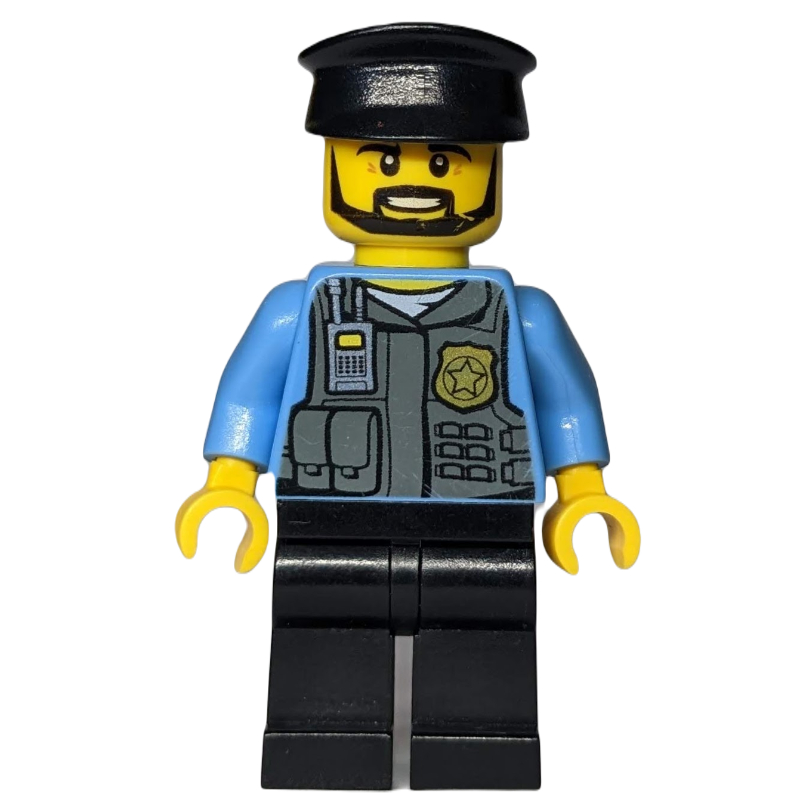 Policier, gilet avec badge or, radio, et poches. chapeau noir, barbe (Policeman, Vest with Gold Badge, Radio, and Pockets. Black Hat, Beard)