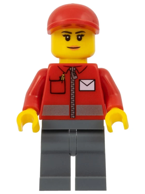 Ouvrier postal, femme, veste rouge avec fermeture à glissière et logo lettre, jambes bleu foncé, casquette rouge (Postal Worker, Woman, Red Jacket with Zipper and Letter Logo, Dark Blue Legs, Red Cap)