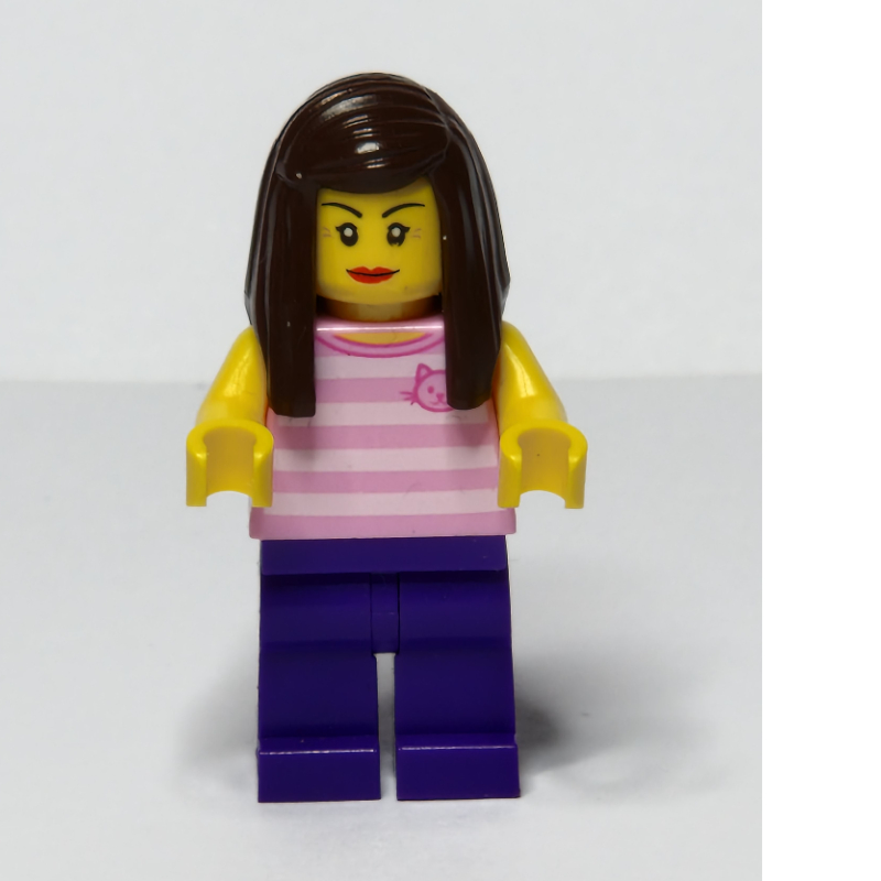 Femme, débardeur rayé rose avec visage de chat, jambes violet foncé (Woman, Pink Striped Tank Top with Cat Face, Dark Purple Legs)